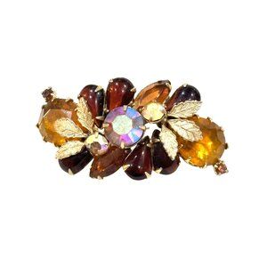 Vintage Juliana Rhinestone Brooch W Amber, Brown, Gold Stones, Gold-Tone Metal L